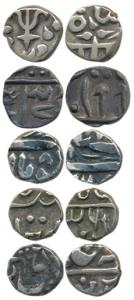 Silver 1/8 Rupee (5), Bhopal Sikandar Begum; Gwalior (2) Madho Rao, Lashkar Mint, in the n