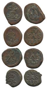 Copper 4 Kas (4), 4 different dates, crowned monogram on obv.; value and date on rev. Fine