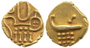 Dutch, Gold Fanam, 0.37g, lazy J on obv., Kali on rev. Extremely Fine.