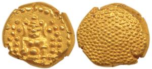 Negapatnam, Gold Pagoda, 3.35g, Lazy J with Lord Vishnu standing, facing front on obv., gr