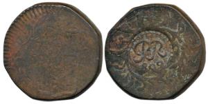 Goa, Miguel, Copper ½ Tanga, 35.72g, counter marked PR 809 on obv., crowned arms on rev. (