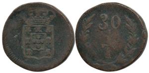 Goa, Maria II, Copper ½ Tanga, 18.02g, 30 Reis, crowned arms on obv., value in center divi