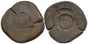 Goa, Maria II, Copper 30 Reis, 43.38g, counter mark 60 in circle on obv., with an addition