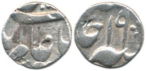 Murshidabad Mint, Silver 1/8 Rupee, 1.39g, in the name of Shah Alam II, frozen RY 19. Very