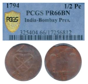 Copper ½ Pice or 2 Reas, 1794, bale mark on obv., scales on rev. Proof, Slabbed and graded