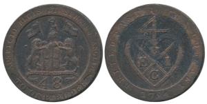 Copper Dub or 1/48 Rupee, 1794, coat of arms of the EIC on obv., bale mark on rev. English