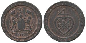 Copper ½ Dub or 1/96 Rupee, 7.03g, 1794, coat of arms of the EIC on obv., bale mark on rev