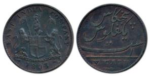Copper 5 Cash, 3.1g, coat of arms of the EIC and date 1803 on obv., value in English on re
