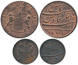 Copper 5 and 20 Cash, coat of arms of the EIC and date 1808 on obv., value in English on r