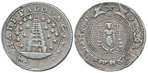 Silver ½ Pagoda, 20.84g, 2nd issue, 1808, value in English and Persian on ribbon around Go