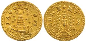 Gold Pagoda, 2.97g, standing Vishnu on obv., Gopuram on rev., no date, 1808-1815 issue, em