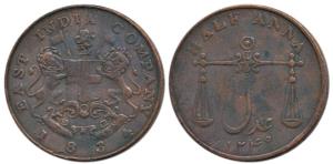Copper ½ Anna, 1834, coat of Arms on obv., Scales on rev. Very Fine, Scarce.