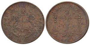 Copper ½ Anna, 1834, coat of arms on obv., Scales on rev. Very Fine, Scarce.