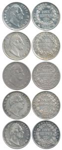 William IV, Silver Rupee (5), ’F’ incused, ’F’ raised (very prominent), RS incused, plain 