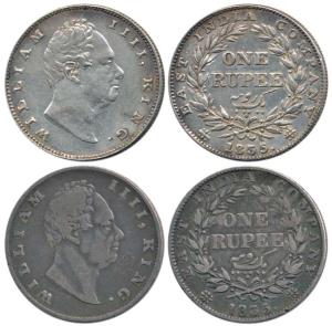 William IV, Silver Rupee (2), 1835, F incused and plain truncation. Fine and Very Fine.