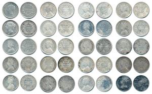 Victoria Queen and Empress, Silver 2 Annas, 20 different dates including 1840 divided and 