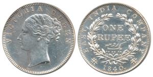 Victoria Queen, Silver Rupee, 1840, Madras Mint, continuous legend, ’S’ incuse, English He