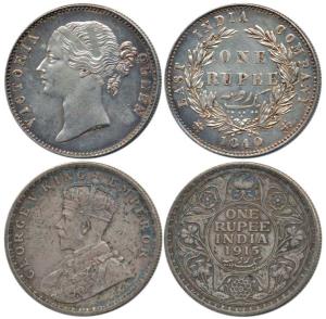 Victoria Queen and George V, Silver Rupee (2), divided legend, 1840 and 1915. The first Ex