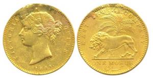 Victoria Queen, Gold Mohur, 1841, divided legend, WW incused on truncation, loop removed (