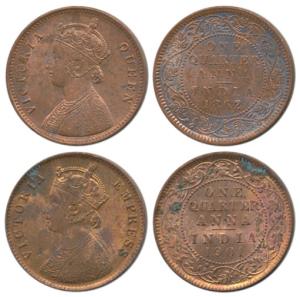 Victoria Queen and Empress, Copper ¼ Anna, 1862, 1901. Very Fine+ to Extremely Fine. (2)
