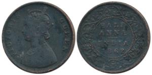 Victoria Queen, Copper ½ Anna, 1862. About Very Fine, Scarce.