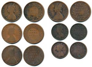 Victoria Queen and Empress, Copper ½ Anna (4), 1862 (3), 1877; ¼ Anna (2), 1876, 1883. Ver
