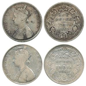 Victoria Queen, Silver Rupee (2), 1862, Bombay Mint, A / II / 0 / 0, without crescent and 