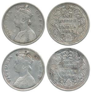 Victoria Queen, Silver Rupee (2), 1862, Bombay Mint, B / II / 0 / 0, thick lettering type.