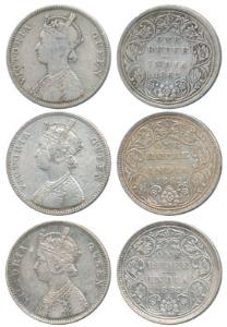 Victoria Queen, Silver Rupee, 1862, A / II / 0 / 10 dots. Fine+ to Very Fine. (3)