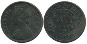 Victoria Queen, Copper ¼ Anna, 1875, Bombay Mint. About Very Fine, Rare.