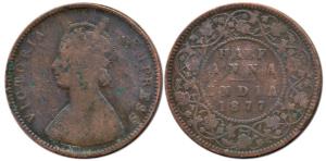 Victoria Queen, Copper ½ Anna, 1877. Fine.