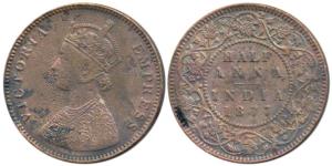 Victoria Queen, Copper ½ Anna, 1877. About Very Fine.