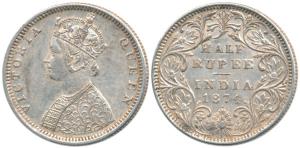 Victoria Queen, Silver ½ Rupee, 1874, Bombay Mint, B2 / II / Dot. Extremely Fine, Rare.