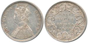 Victoria Queen, Silver ½ Rupee, 1876, Bombay Mint, B2 / II / Dot. About Uncirculated, Rare
