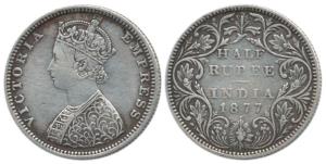 Victoria Empress, Silver ½ Rupee, 1877, Bombay Mint, B / II, dot. Very Fine+, Rare.