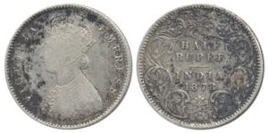Victoria Empress, Silver ½ Rupee, 1878, Calcutta Mint, A / I / no mint mark. Fine, Rare.