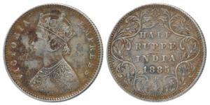 Victoria Empress, Silver ½ Rupee, 1885, Bombay Mint, A / II, ’B’ raised. Very Fine+, Rare.