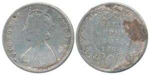 Victoria Empress, Silver ½ Rupee, 1888, A / II / ’B’ raised. Fine.