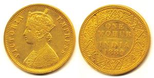 Victoria Empress, Gold Mohur, 1889, V in Jabbot. About Extremely Fine, Very Rare.