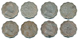 Edward VII, Copper Nickel Anna, 1907, 1908, 1909, 1910. Fine. (4)