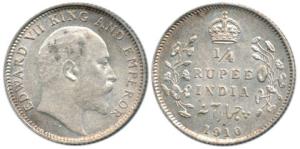 Edward VII, ¼ Rupee, 1910. Extremely Fine.