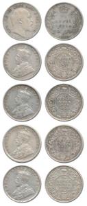 Edward VII and George V, Silver ¼ Rupee (5), 1910, 1925, 1928, 1930 and 1936. Very Fine. (