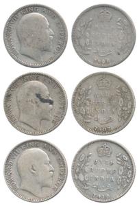 Edward VII, Silver ½ Rupee, 1906, 1907 and 1910, All Calcutta Mint. Fine+. (3)