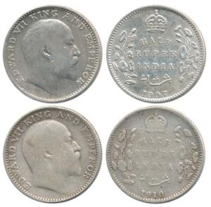 Edward VII, Silver ½ Rupee, 1907, ’B’ incuse and 1910. Fine+. (2)