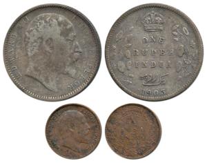 Edward VII, Silver Rupee, 1903; Copper 1/12 Anna, 1904, both with ghost image on rev. Very