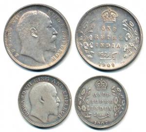 Edward VII, Silver Rupee and 1/2, 1909 and 1907. Fine+ and Extremely Fine. (2)