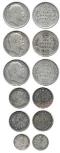 Edward VII, Silver Rupee, 1909 (3); George V, Silver ½ Rupee (2), 1921 and 1933; George VI