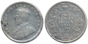 George V, Silver 2 Annas, 1911, Calcutta Mint. About Very Fine, Very Rare.
