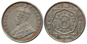 George V, Cupro-Nickel 8 Annas, 1919, Bombay Mint. Very Fine+.