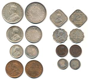 George V, set of 1919 coins, Silver Rupee, 1/2, 1/4, 2 Annas, Copper ¼ Anna, 1/12 Anna, Cu